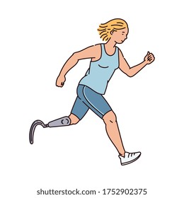 Cartoon runner woman with artificial leg running forward - athletic disabled person living healthy lifestyle. Amputee sport athlete - flat isolated vector illustration.