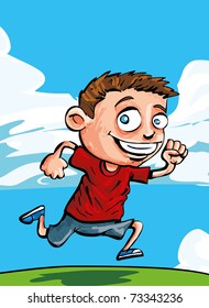 Cartoon running boy with blue sky and clouds behind him
