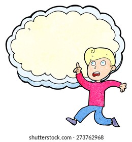 caricatura corriendo niño frente a la nube de ideas con espacio para texto