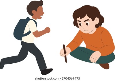 Cartoon des Jungen und Jungen mit Stock., Zwei Cartoon-Jungen sind auf diesem Bild. Der eine läuft vorbei, während der andere mit einem Stock spielt.