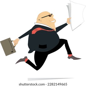 Cartoon running businessman. 
Running young businessman man with bag and papers. Isolated on white
