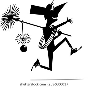 Cartoon running chimney sweeper. 
Funny running chimney sweeper in the top hat with a rope, chimney brush and ladder. Black and white illustration
