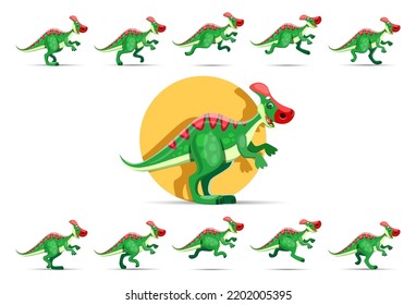 Caricatura con carácter de dinosaurio, espíritu de juego de animación. Vector parasaurolophus dino personage cuadro de secuencia móvil, animación jurásico de la era prehistórica correr y saltar movimiento de acción