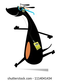 Cartoon running dog isolated illustration. Cartoon dachshund runs and listens music on player using headphones isolated on white illustration vector 
