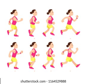 Cartoon running girl animation. Athletic young woman character profile run or fast walk. Animated motion sport walking side view, long distance runner vector illustration