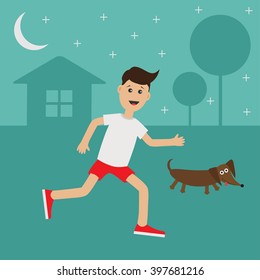 Cartoon Running Guy Dachshund Dog.  Night Summer Time. House, Tree Silhouette Stars Shining Run Boy Jogging Man Runner Outside Fitness Cardio Workout Running Male Character Flat Vector