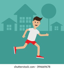 Cartoon running guy Night summer time. House, tree silhouette.  Cute run boy Jogging man Runner outside Fitness cardio workout Running male character Flat design Vector illustration