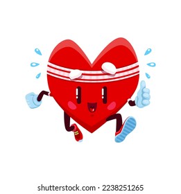 Cartoon running heart character, funny vector anatomical personage in sweatband and sneakers run exercises. Cute strong heart organ, healthy cardio workout, fitness, jogging or marathon activity