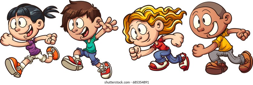 Cartoon running kids. Vector clip art illustration with simple gradients. Each in a single layer. 