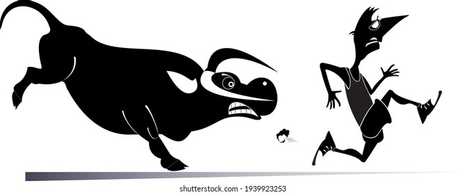 Cartoon running man and angry bull isolated illustration. Frightened sport man runs away from the angry bull black on white