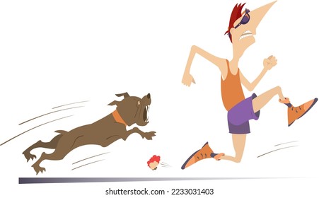 Cartoon running man and angry dog illustration. 
Frightened sport man runs away from the angry dog isolated on white
