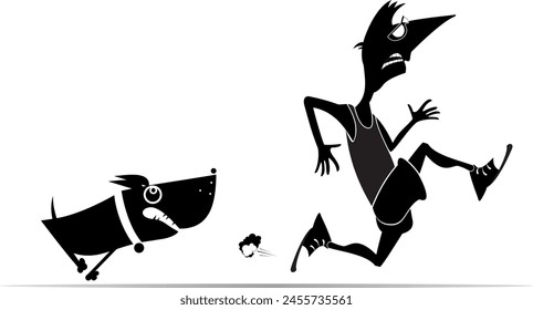 Cartoon running man and angry dog. 
Frightened sport man runs away from the mad dog.  Black and white illustration
