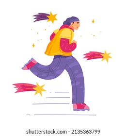 Cartoon running man. athlete runs on tracks, cardio workout, sport boy in cap, outdoor movement activity, healthy lifestyle, vector concept