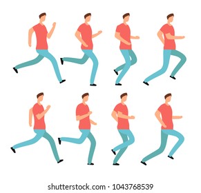 Cartoon running man in casual clothes. Young male jogging. Animation frames sequence isolated vector set. Animation young character run, sport walk runner illustration