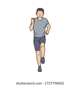 Cartoon running man from front view -young male runner athlete in sport clothes jogging alone isolated on white background - flat vector illustration.