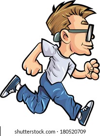 Cartoon Running Man With Glasses. Isolated