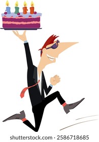 Cartoon running man holding a cake with candles. Happy running young man holds a cake with candles over his head. Birthday cake. Isolated on white background