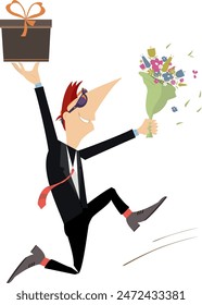 Cartoon running man holding flowers and gift box. 
Happy young man holds flowers and a present box. Isolated on white background
