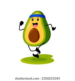 Cartoon running mexican avocado character. Vector tropical fruit or vegetable exercises, engage in healthy lifestyle and sport recreation. Natural food run or jog workout, partaking in marathon