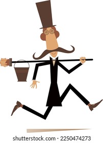 Cartoon running painter illustration. 
Hurry painter in the top holds a brush and a bucket of paint. Isolated on white background
