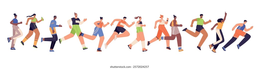 Cartoon running people. Female and male healthy activity, happy active characters, sport training, energetic athletes on run, vector set