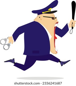 Cartoon running police officer. 
Running and shouting policeman with truncheon and handcuff
