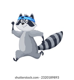 Cartoon running raccoon character. Isolated vector racoon sportsman participate in jogging or marathon competition. Cute wild animal personage engage in healthy lifestyle, sports or wellness activity