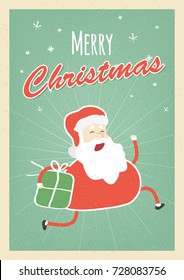 Cartoon running Santa Claus or Nicholaus with gift. Retro style poster design.