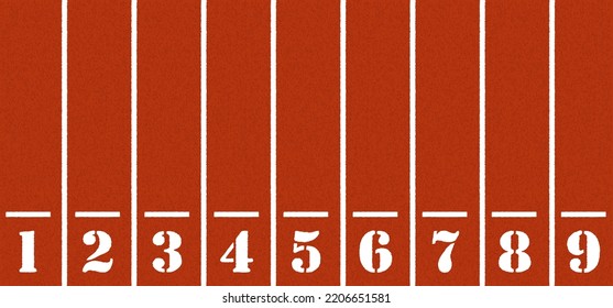 Cartoon running track with lane numbers or track numbers. Place where people exercise or sport place. lanes of running track. Start, finish point, sport field. Raceway, lines and numbers from top view