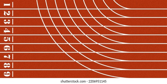 Caricatura en pista con números de carril o de pista. Lugar donde la gente hace ejercicio o lugar deportivo. carriles de carreras. Comienzo, punto de acabado, campo deportivo. Carretera, líneas y números desde la vista superior