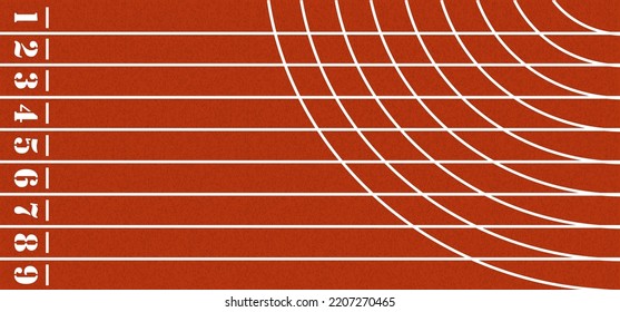 Cartoon running track with lane numbers or track numbers. Place where people exercise or sport place. lanes of running track. Start, finish point, sport field. Raceway, lines and numbers from top view