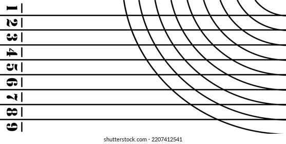 Cartoon running track with lane numbers or track numbers. Place where people exercise or sport place. lanes of running track. Start, finish point, sport field. Raceway, lines and numbers from top view