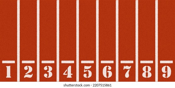 Cartoon running track with lane numbers or track numbers. Place where people exercise or sport place. lanes of running track. Track and field sports. Raceway, lines and numbers from top view