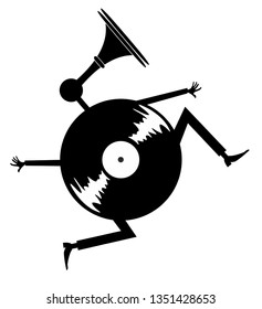 Cartoon running vinyl illustration. Comic long-playing record with hands, legs and loud hailer instead the head black on white 
