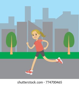 Cartoon running woman, cityscape in the background,vector illustration