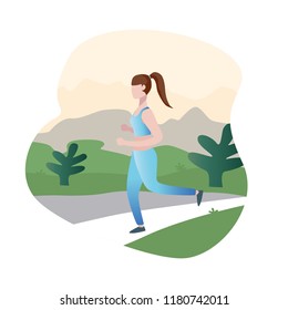 Cartoon running woman. running in nature. flat illustration