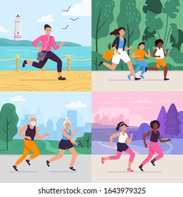 Cartoon running workout. Runner run outdoor at park fitness track, athlete on stadium, sportsman runners vector illustration set. Collection of happy people jogging or performing sports exercise.