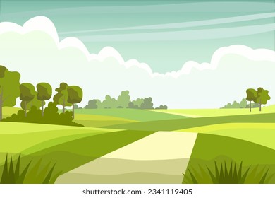 Cartoon rural grassland landscape, rural lane road to horizon through green pasture meadows with grass and trees in fields, summer farmland panorama. Farm field landscape vector illustration.