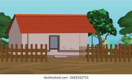 Cartoon Rural Home with Tiled Roof, Wooden Fence, Drying Clothes, Trees, Mud Floor, Indian Village Life, Peaceful Countryside House, Village Background, Eco-friendly Traditional Home, Artwork Scene