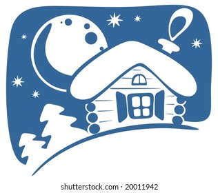 Cartoon rural house and moon on a sky background.
