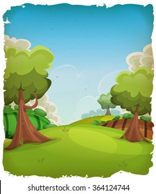 Cartoon Rural Landscape Background/
Illustration of a cartoon summer or spring rural landscape, with trees, meadows and harvest fields, and cloudscape over blue sky with grunge frame