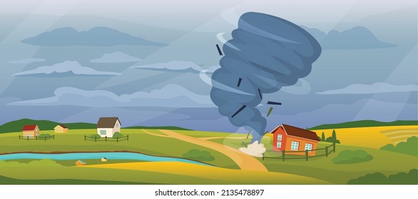 Cartoon rural landscape with tornado, hurricane storm destroying houses. Whirlwind, stormy weather, natural disaster vector illustration. Extreme weather conditions, environmental catastrophe