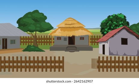  Cartoon Rural Village Scene with Traditional Huts, Trees, Fences, Countryside Landscape, Farming Houses, Clay Home, Thatched Roof, Village House, Rural Scene, Indian Village Background Illustration