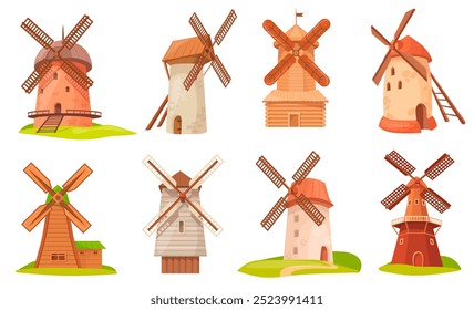 Moinhos de vento rurais de desenhos animados. Holland farm moinho velho holandês madeira pedra torres, energia eólica holandês aldeia vintage edifícios arquitetônicos, natureza rural padaria conjunto limpo vetor ilustração original arte