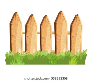 Cartoon rural wooden fence in green grass vector illustration. Wood farm fence outdoor.
