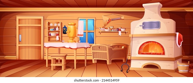 Cartoon russian hut interior with old kitchen. Ancient ukrainian house inside view with wooden furniture, window, door. Rural traditional cooking room with stove, samovar, grip, balalaika, baby crib.