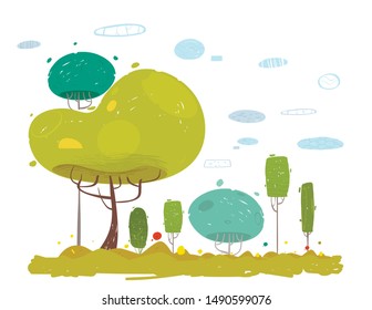 Cartoon Rustic Garden, Field in Forest, Park with Trees and Grass under Cloudy Sky. Vector Suburb, Countryside, Wild Nature. Flat Panoramic Landscape. Natural Village Rural Scene Illustration