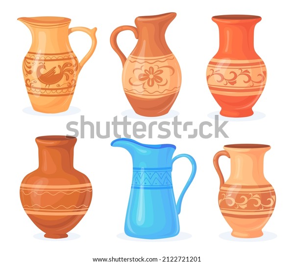 Cartoon rustic pottery. Clay jars bowl dish pot
old art jug, isolated ceramic earthen ceramics pots, craft pitcher
for milk, earthenware utensil, flat vector illustration. Jar
ceramic, clay pottery