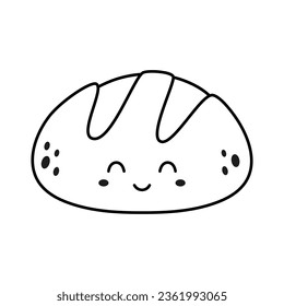 cartoon rye bread character isolated, black and white food element on white background, outline illustration in flat style