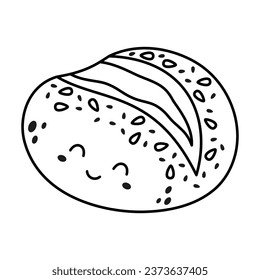 cartoon rye bread character isolated, black and white food element on white background, outline illustration in flat style